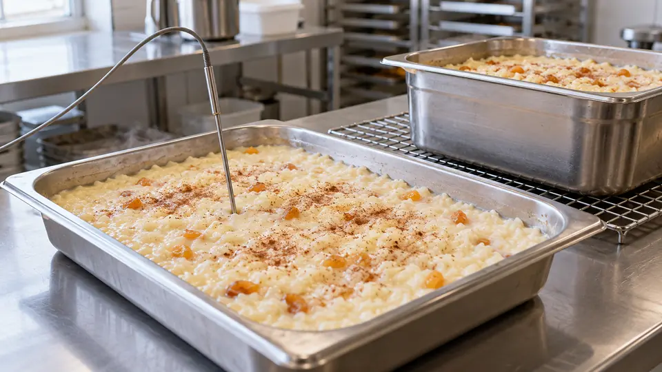 Gęsty ugotowany produkt w metalowych pojemnikach o różnej głębokości.