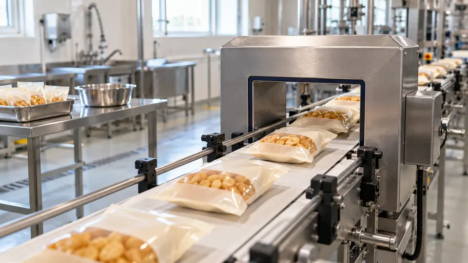 Pakowane przekąski przechodzące przez detektor na jasnej linii produkcyjnej.