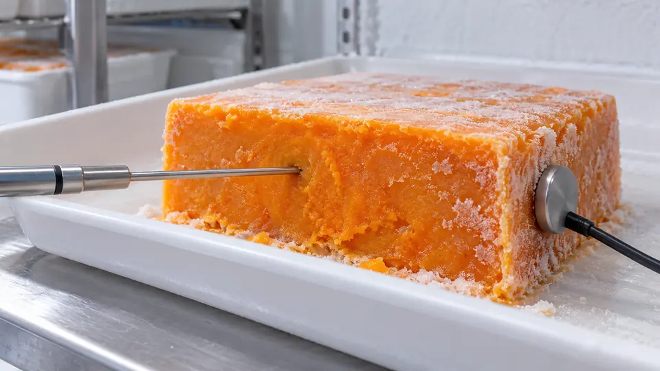 Przekrój zamrożonego produktu z sondą umieszczoną w środku.