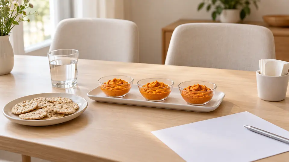 Małe porcje dipu, krakersy i woda przy pustych miejscach do degustacji.