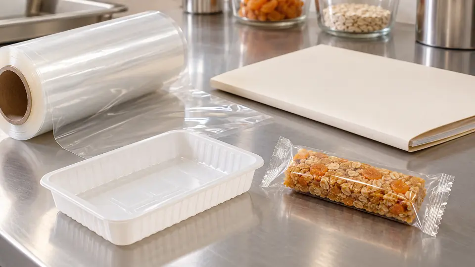 Rolka folii, próbka tworzywa i zamknięta teczka obok produktu.