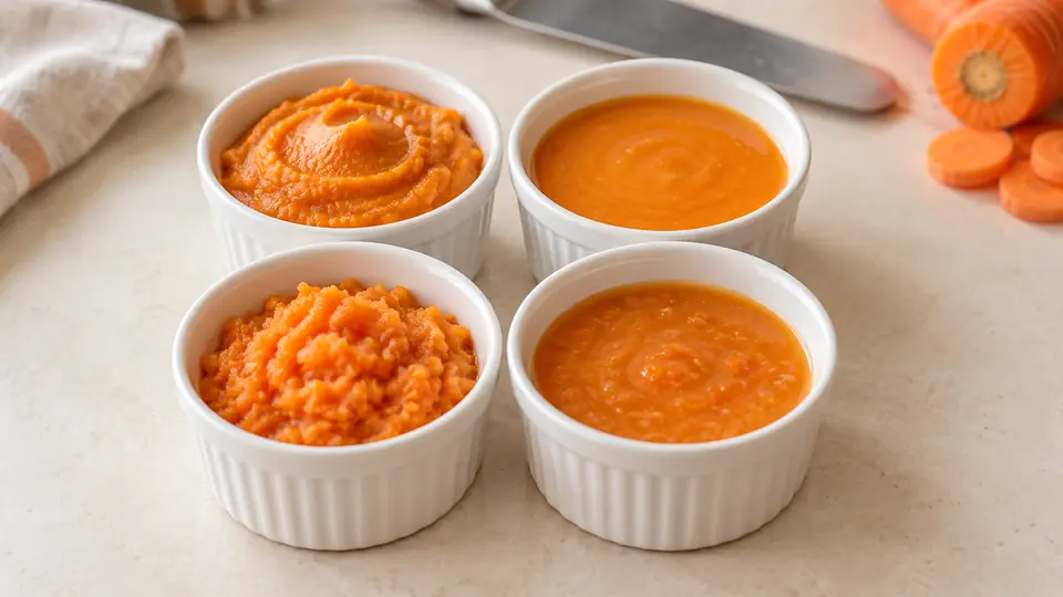 Cztery porcje pomarańczowego purée o różnej konsystencji na kremowym blacie.