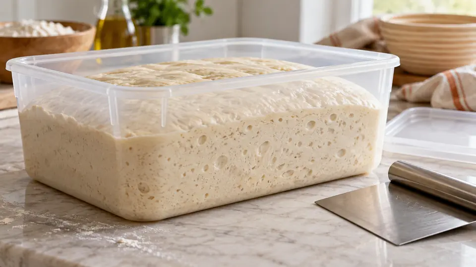 Ciasto chlebowe z widocznymi pęcherzykami w pojemniku do fermentacji.