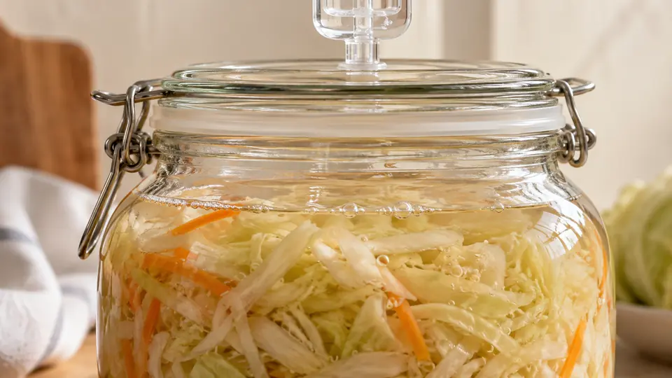 Kapusta zanurzona w solance pod zamknięciem fermentacyjnym.