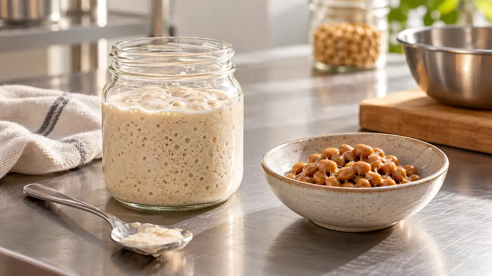 Słoik zakwasu i próbka fermentowanego produktu sojowego na stanowisku spożywczym.