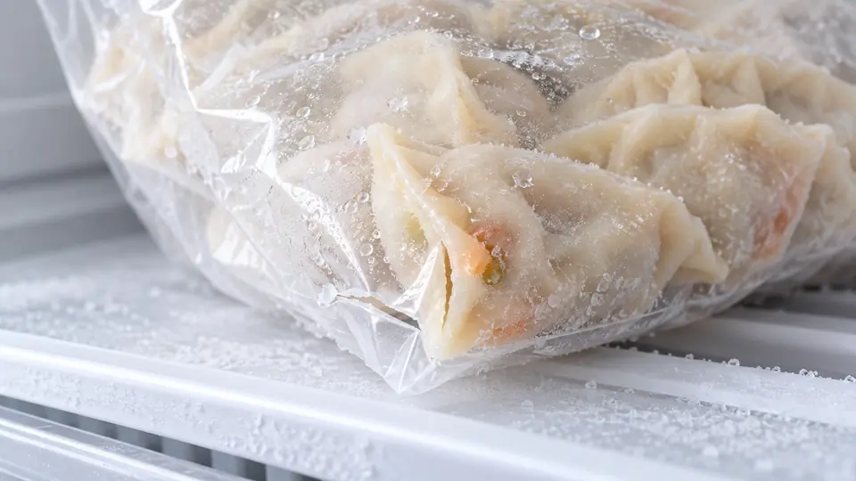Niewielkie pęknięcie przezroczystej folii przy brzegu zamrożonego pieroga.