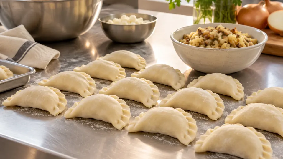 Pierogi i próbka farszu na czystym stalowym stanowisku przygotowania żywności.