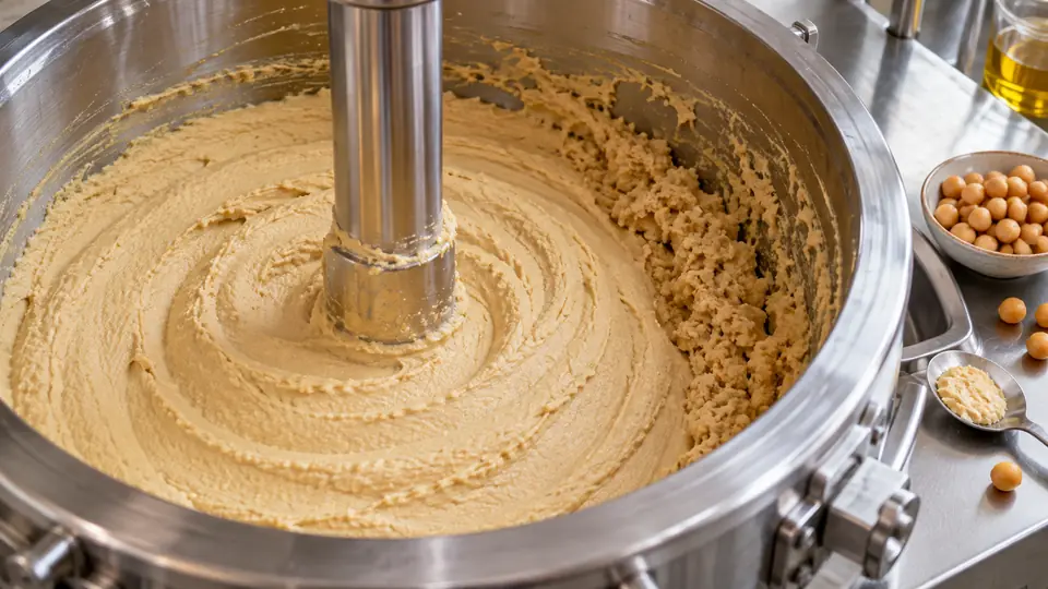 Hummus w misie mieszalnika z gładszym środkiem i grubszą pastą przy ściance.