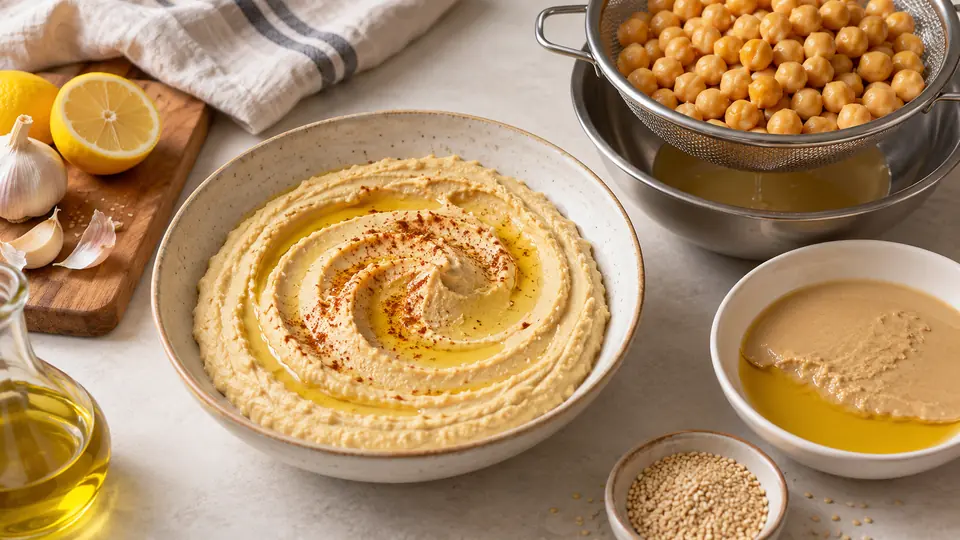 Hummus, odsączona ciecierzyca i tahini w osobnych naczyniach.
