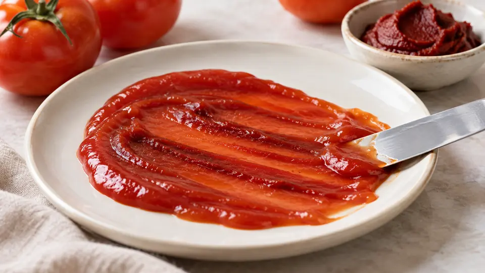 Ketchup z widocznymi ciemniejszymi smugami koncentratu na jasnym talerzu.