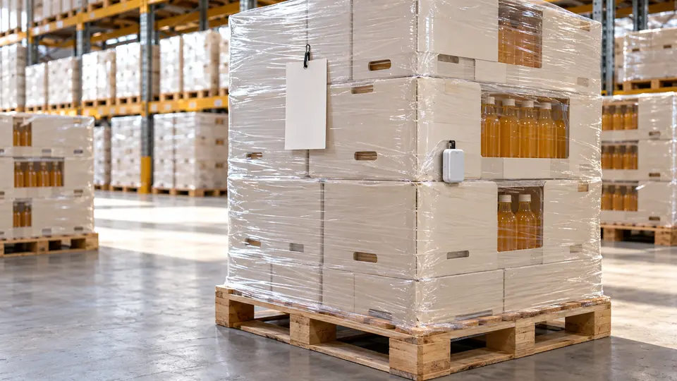 Zabezpieczona paleta napojów i kartony w magazynie żywności.