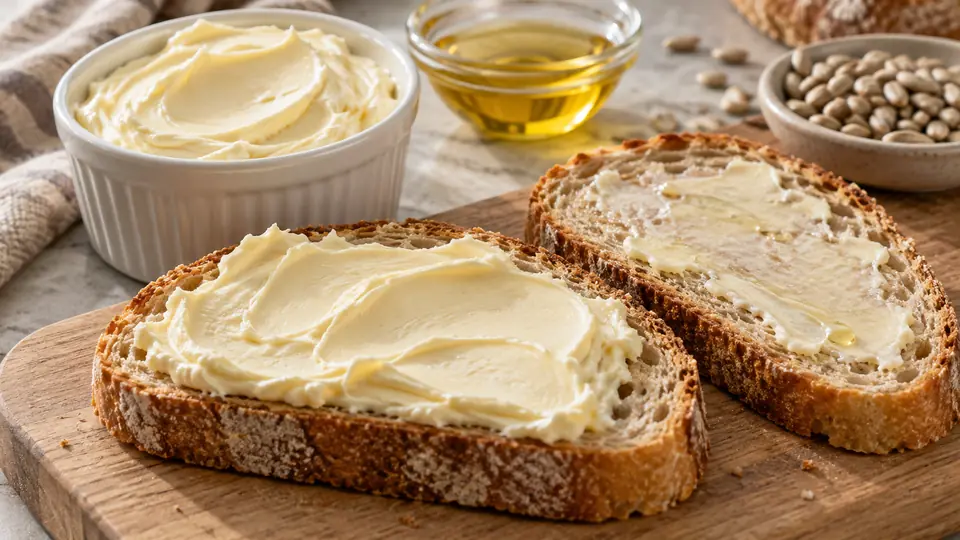 Roślinne smarowidło na pieczywie obok próbki produktu, oleju i nasion słonecznika.