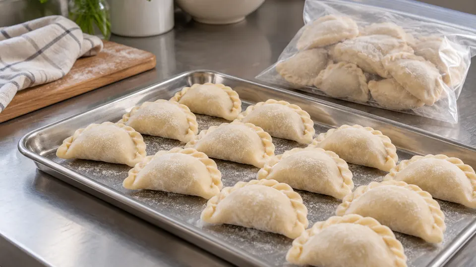 Mrożone pierogi ułożone osobno na stalowej tacy z delikatnym szronem.
