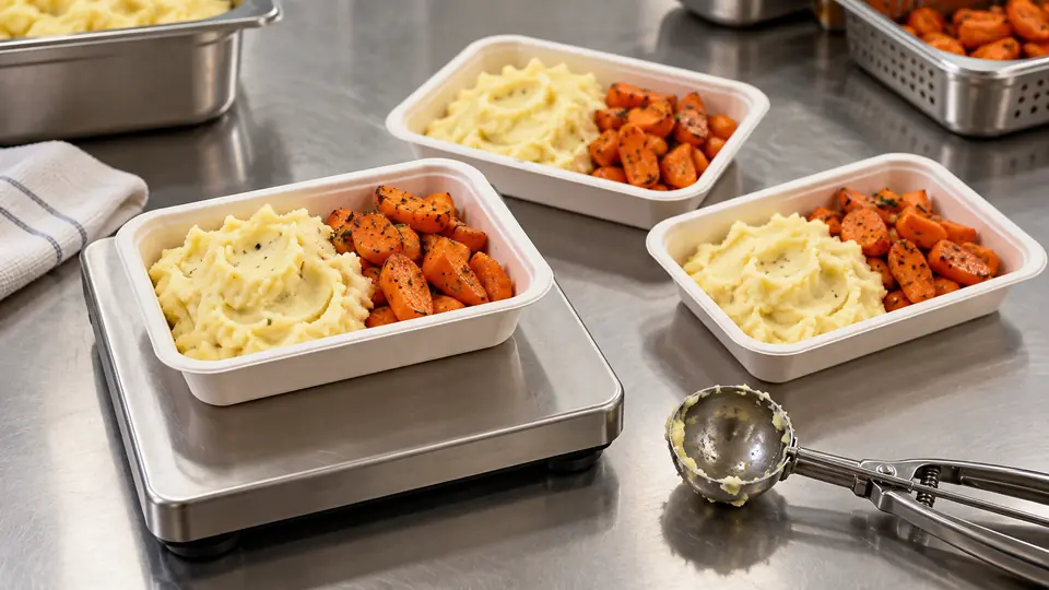 Porcje puree i marchwi w tackach przy wadze i nabieraku.