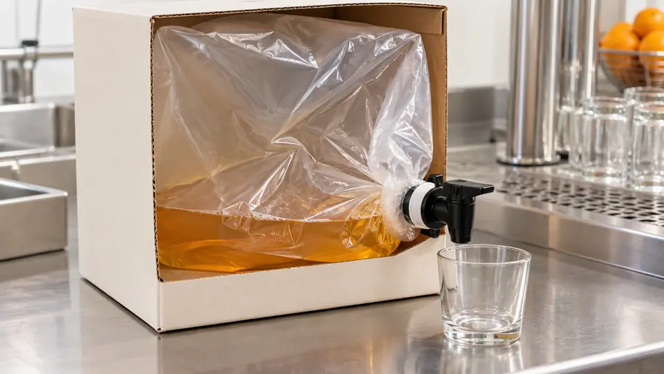 Otwarty karton bag-in-box z częściowo zapadniętym workiem i zaworem.