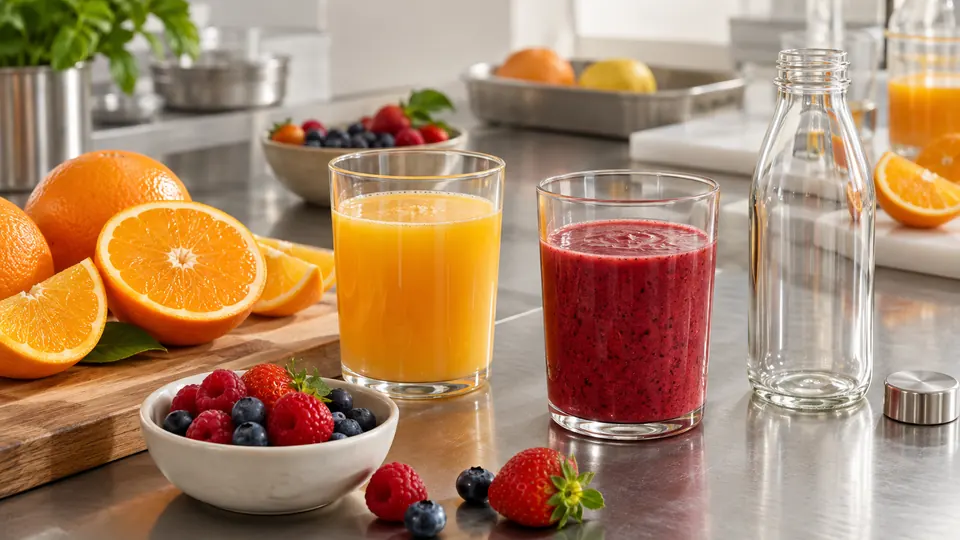 Próbki soku i smoothie, owoce oraz nieoznakowana butelka na stanowisku rozwoju napoju.