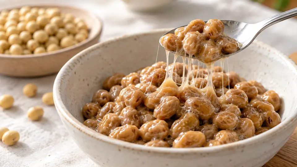 Fermentowana soja natto z cienkimi nićmi między ziarnami obok suchej soi.