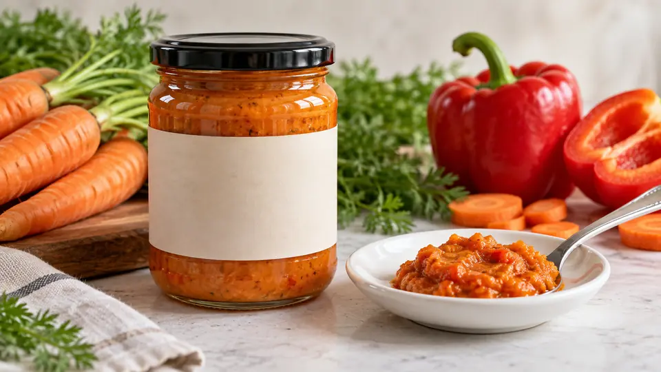 Słoik pasty warzywnej z pustą etykietą oraz porcja produktu.
