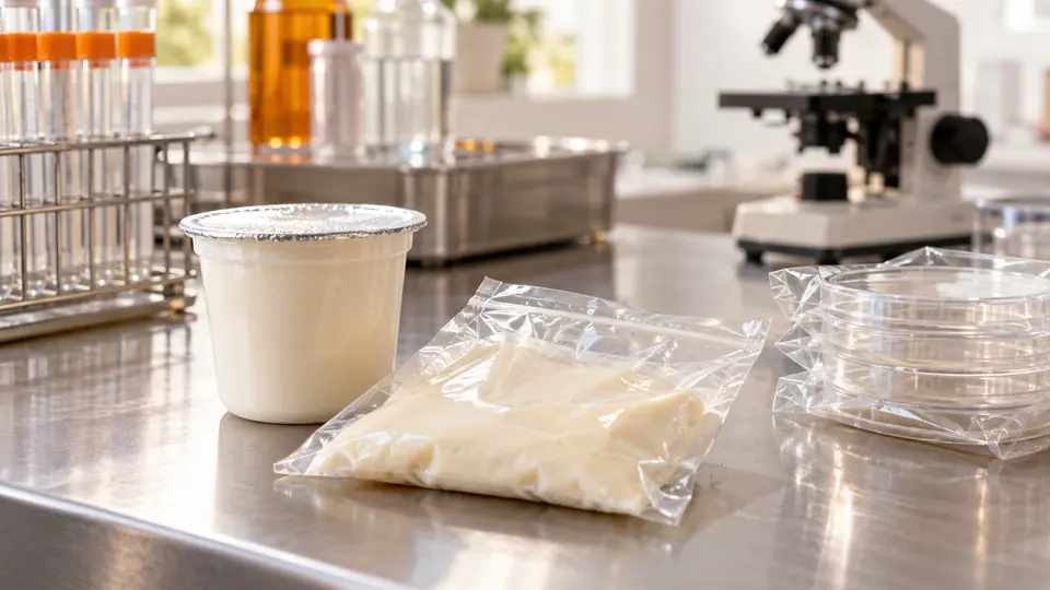 Zamknięte próbki produktu fermentowanego i nieużywane płytki laboratoryjne.