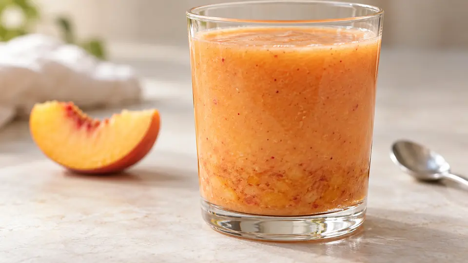 Szklanka pomarańczowego smoothie z gęstszą warstwą miąższu przy dnie.
