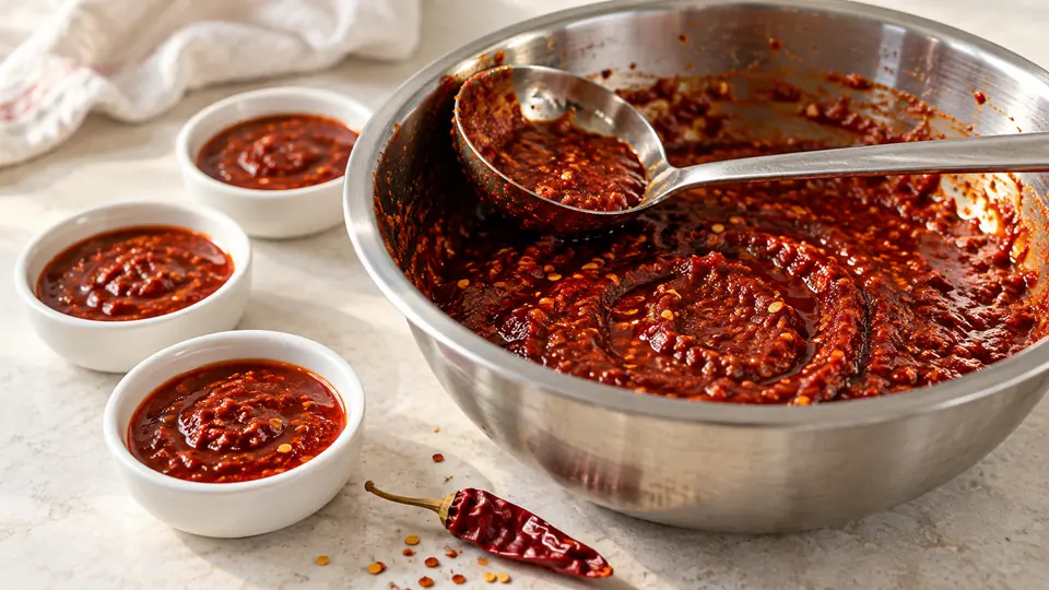 Koncentrat chili w misie oraz trzy porcje sosu na białych talerzykach.