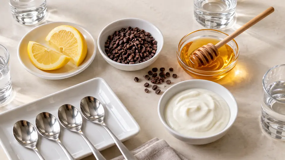 Cytryna, kakao, miód i jogurt w osobnych naczyniach degustacyjnych.