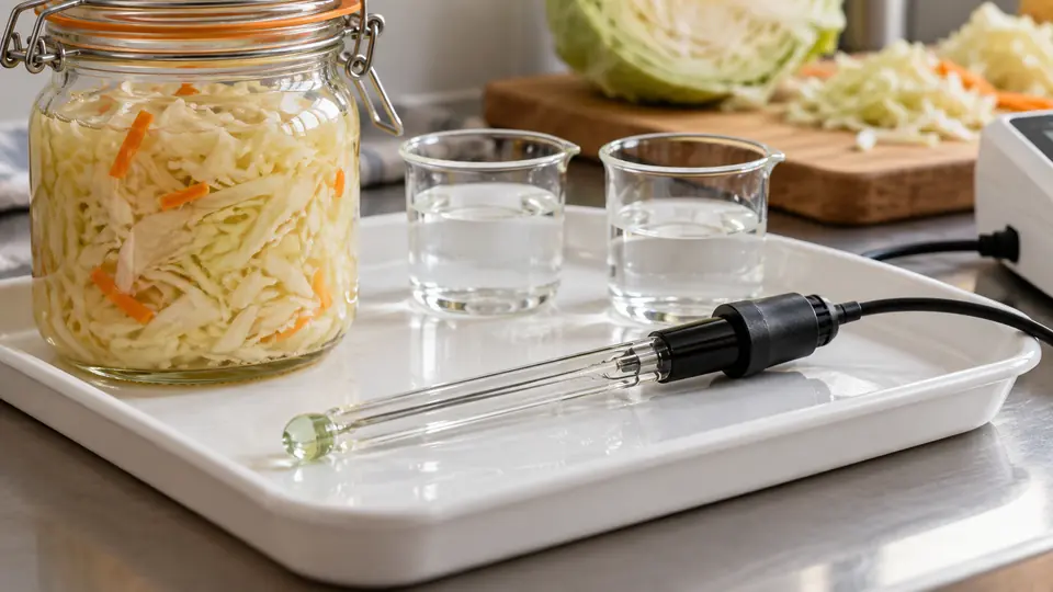 Elektroda pH, roztwory w małych naczyniach i próbka fermentowanej kapusty.