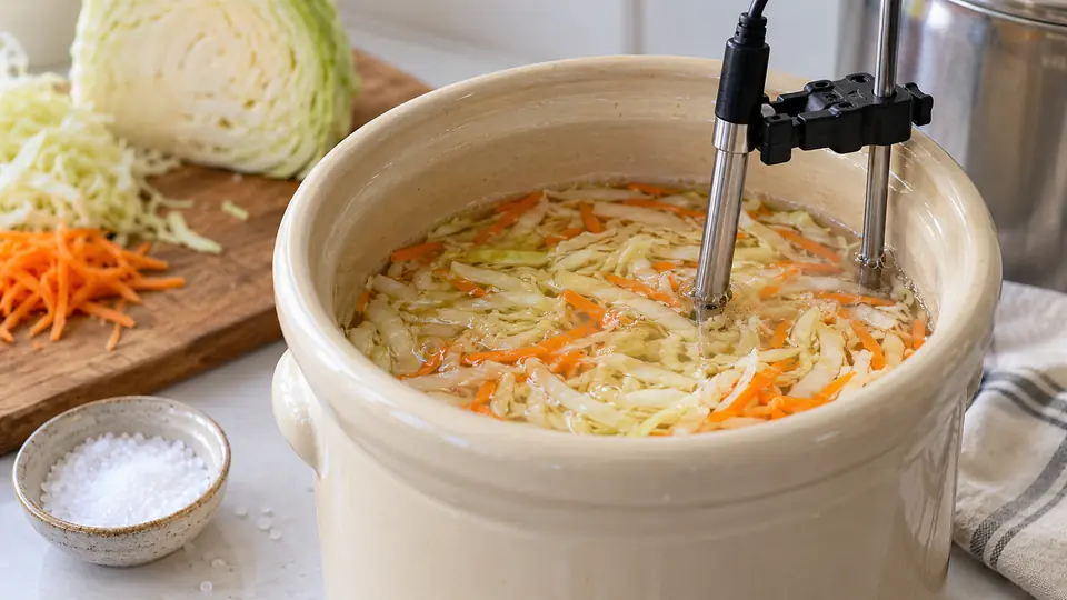 Kapusta w solance i sonda zanurzona w próbce.