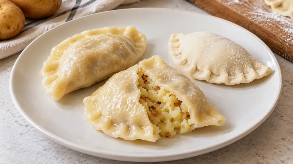 Pierogi z widocznym szwem oraz jedna sztuka otwarta podczas gotowania.