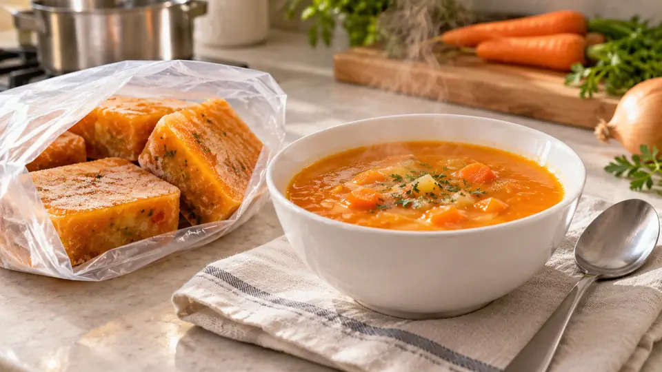 Zamrożone porcje zupy obok miski produktu po przygotowaniu.