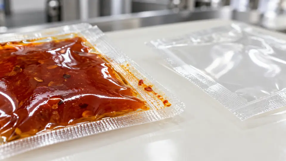 Saszetka sosu z drobnym śladem produktu w obszarze zgrzewu.