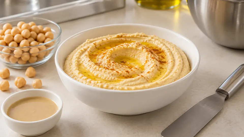 Hummus, ciecierzyca i pasta sezamowa przy stalowej łopatce na stanowisku rozwoju żywności.