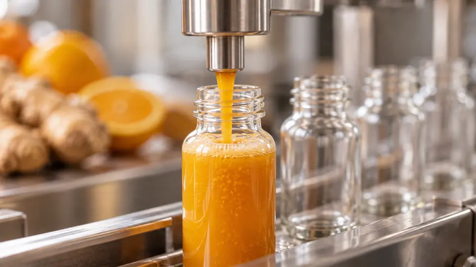 Pomarańczowy shot z drobną pianą pod dyszą napełniającą.