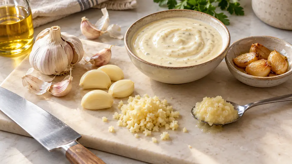 Całe ząbki, posiekany czosnek i pasta czosnkowa obok jasnego sosu.