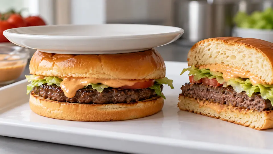 Burger z warstwą sosu lekko ściśnięty pod płaskim talerzykiem obok przekroju.