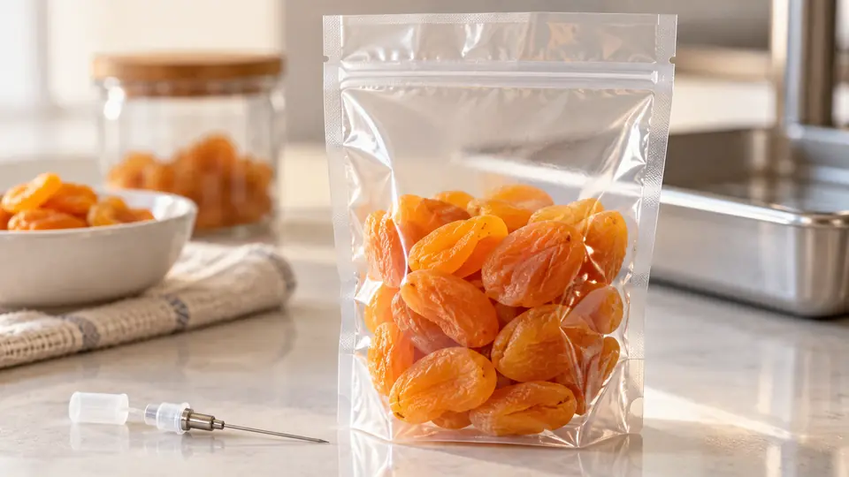 Przezroczysta saszetka z suszonymi owocami i widoczna przestrzeń nad produktem.