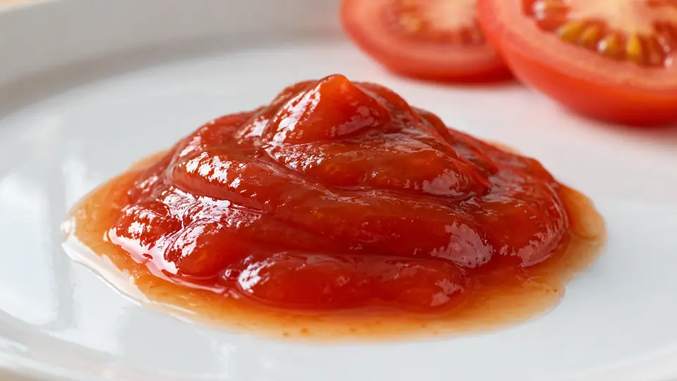 Porcja ketchupu z cienkim wodnym wyciekiem wokół zwartej części sosu.