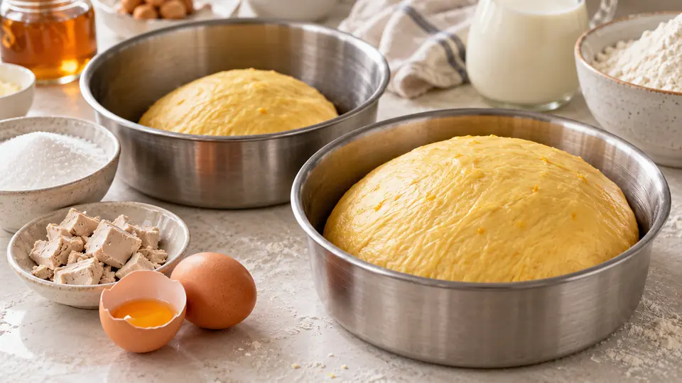 Ciasto słodkie w pojemnikach obok cukru, drożdży i jajka.
