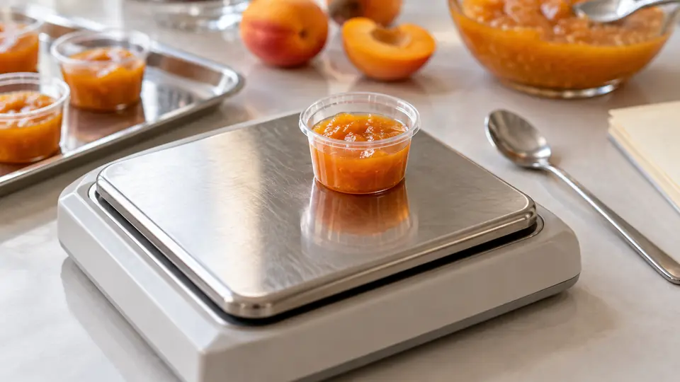 Próbka purée owocowego obok wagi laboratoryjnej i teczki dokumentów.