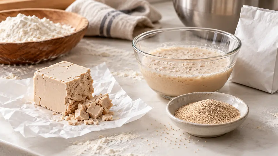 Kostka świeżych drożdży, suche granule i drożdże przygotowane z wodą.