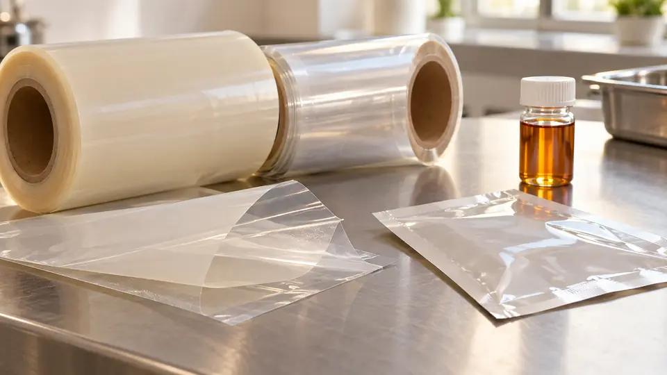 Rolki folii opakowaniowej i próbka laminatu z delikatnie rozdzielonym brzegiem.