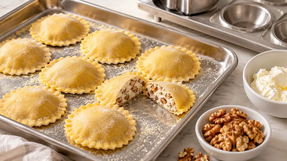 Pierogi z widocznym farszem serowo-orzechowym oraz orzechy i ser przy stalowym wyposażeniu.